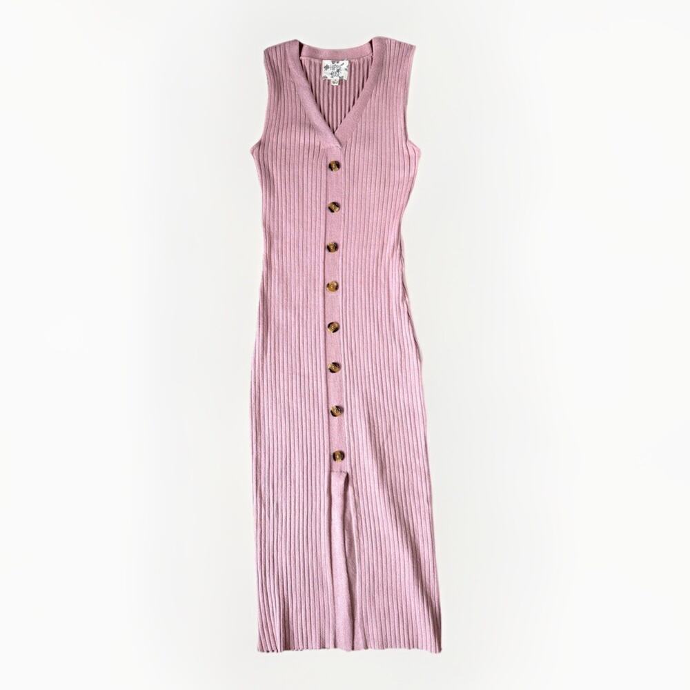 Y2K Hippie Rose Sz M Pink Rib Knit Button Front Maxi Dress Coquette Barbiecore - Picture 2 of 10